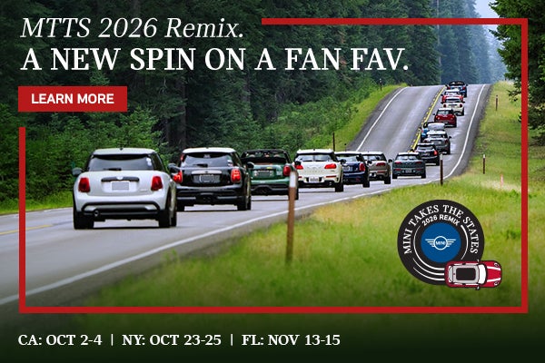Cartel de «MINI Takes the States 2026 Remix» en el que se muestran vehículos MINI en un recorrido panorámico y se indican las fechas del evento en California
