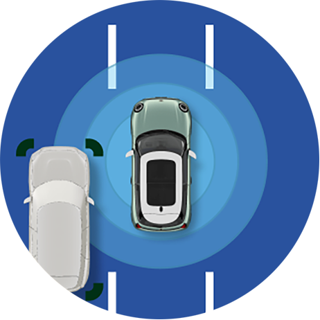 Un icono avisa a un MINI de que se aproxima un coche por el carril contiguo.