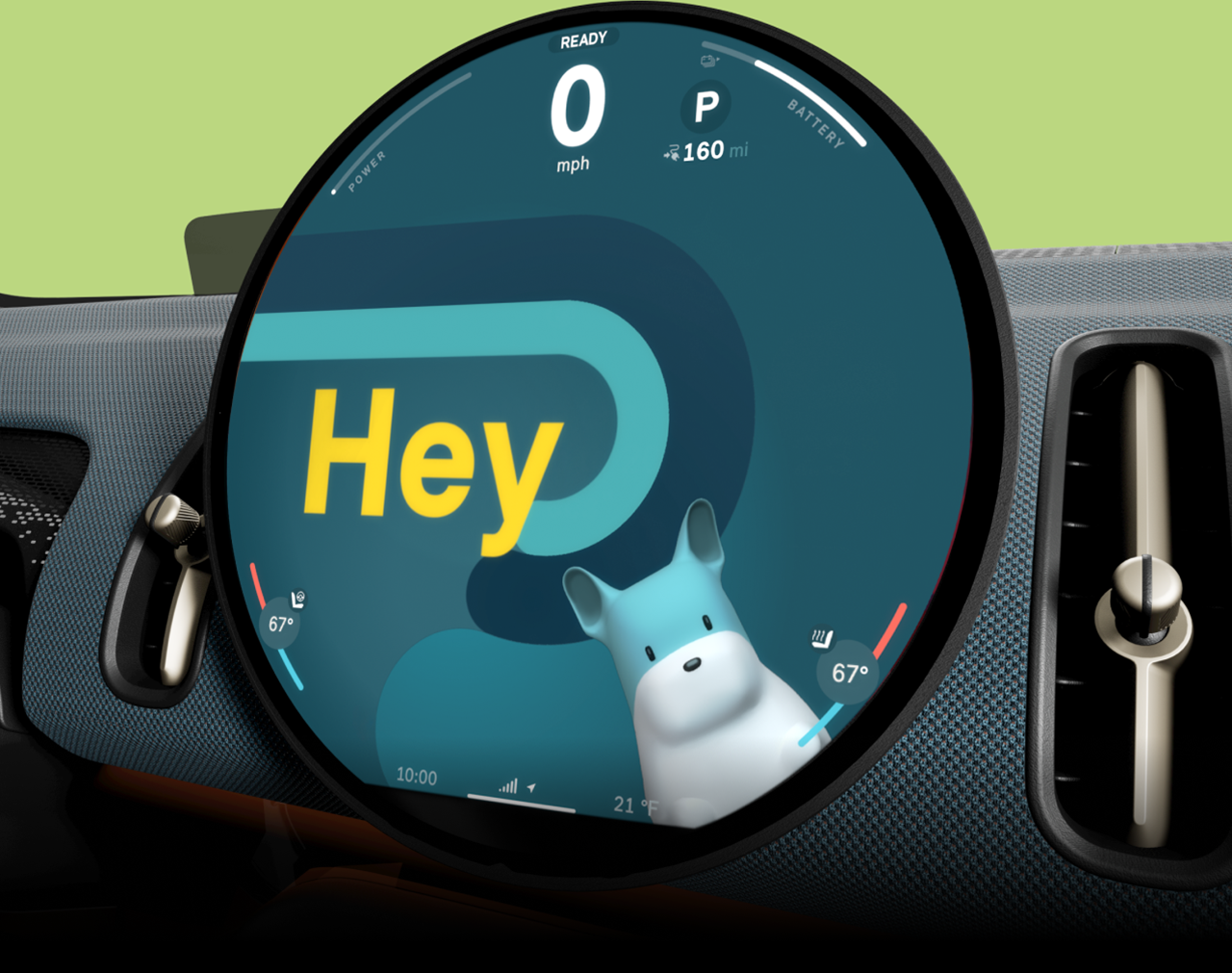 Un primer plano de la pantalla redonda MINI OLED de 9,4" con el Asistente Personal Inteligente de MINI en la pantalla y el texto "Hey".