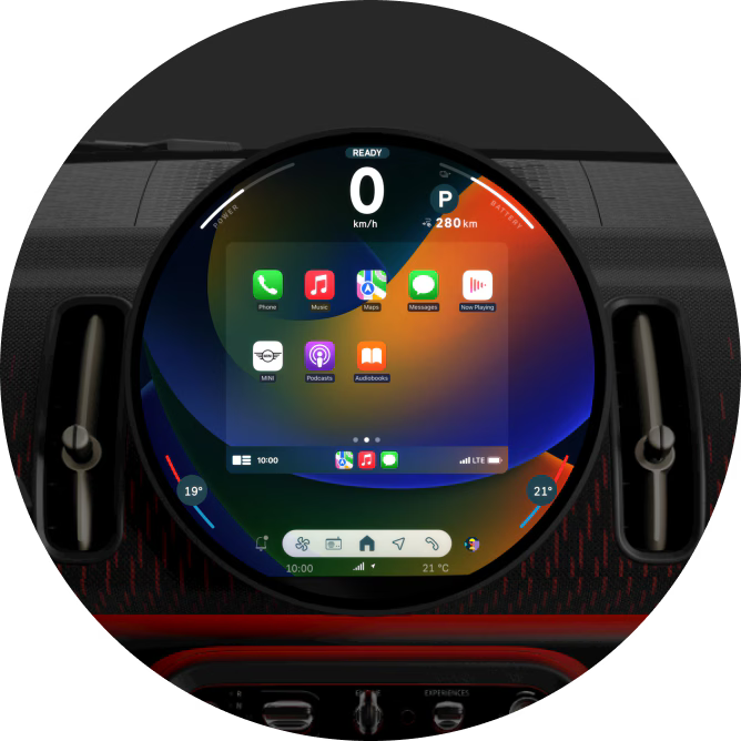 Un primer plano de la pantalla OLED redonda de 9,4 pulgadas con una serie de aplicaciones en la pantalla.