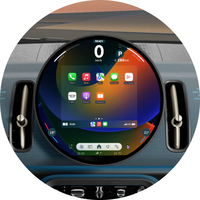 Un primer plano de la pantalla OLED redonda de 9,4 pulgadas con una serie de aplicaciones en la pantalla.