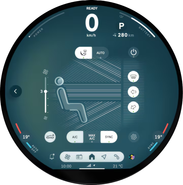Primer plano de la pantalla OLED circular de 9,4 pulgadas.