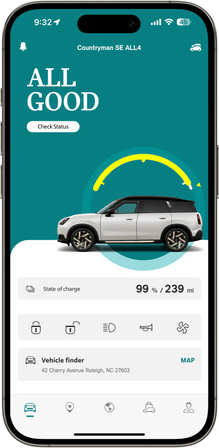 Una pantalla de smartphone con la aplicación MINI Mobile