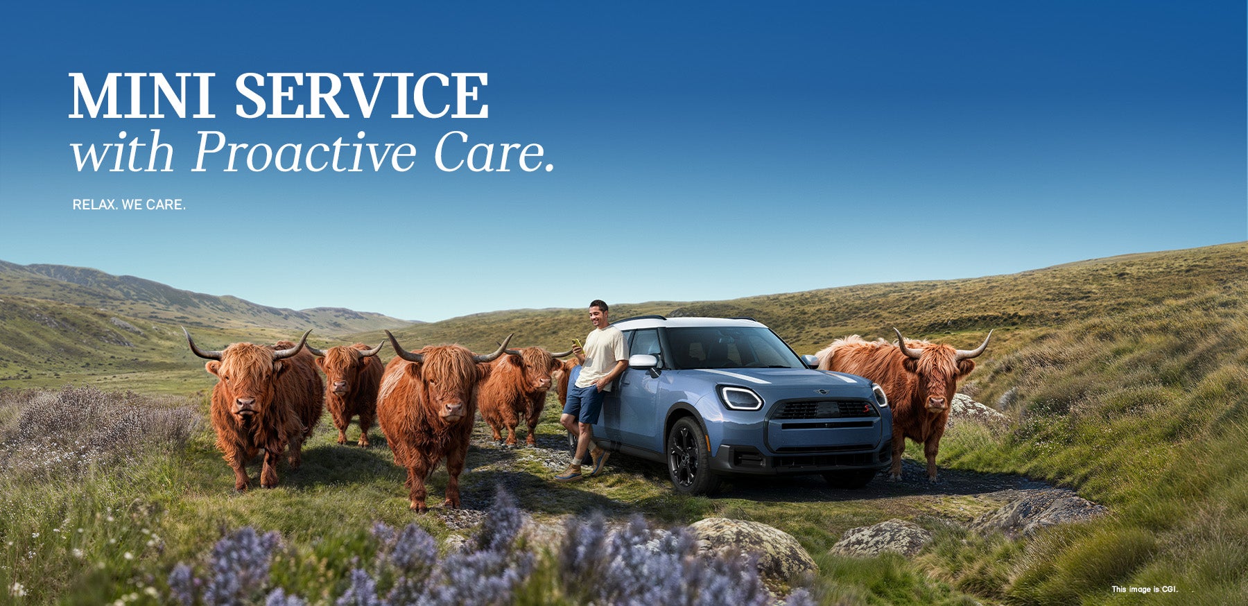 Una persona apoyada contra un MINI Countryman S ALL4 aparcado en un prado, con ganado de las Highlands cerca.