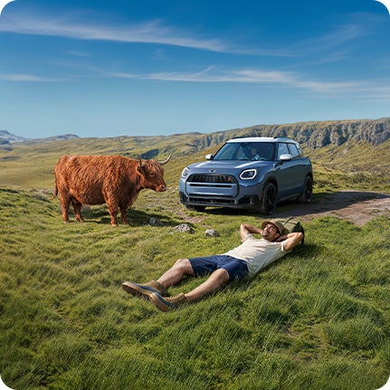 Una persona tumbada boca arriba en un prado junto a un MINI Countryman S ALL4 aparcado, con una vaca de las Highlands cerca.