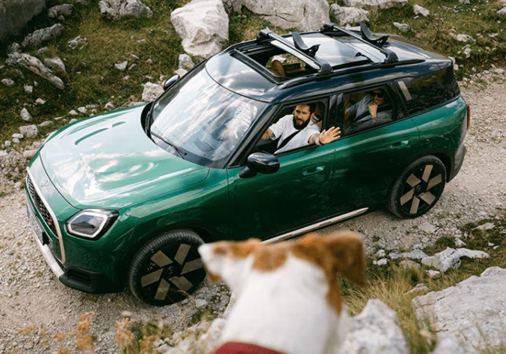 Hombre conduciendo un MINI saludando a un perro por la ventana.